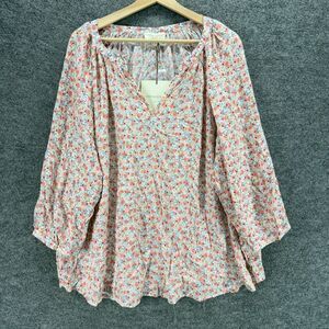 New Cynthia Rowley Blouse Women 3X Plus Blue Floral Long Sleeve V-Neck Rayon
